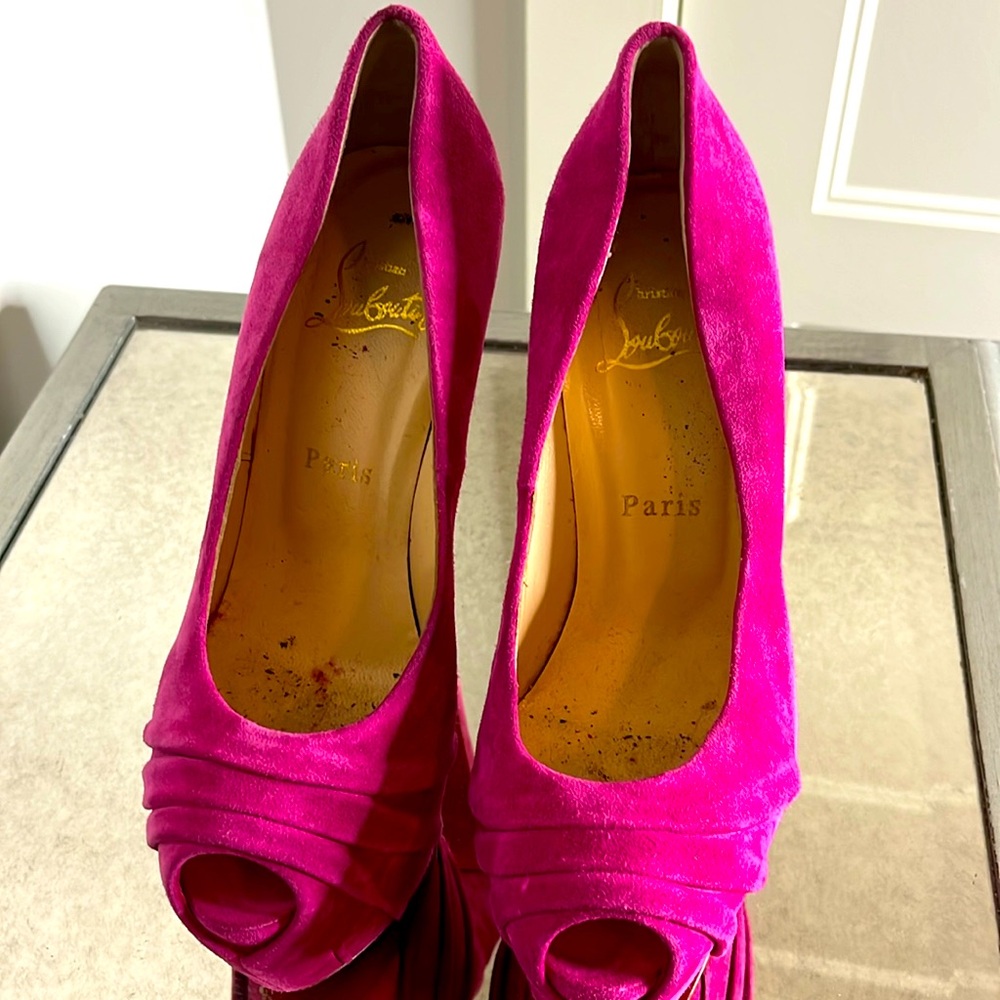 Christian Louboutin Hot Pink Suede Peep Toe Heels